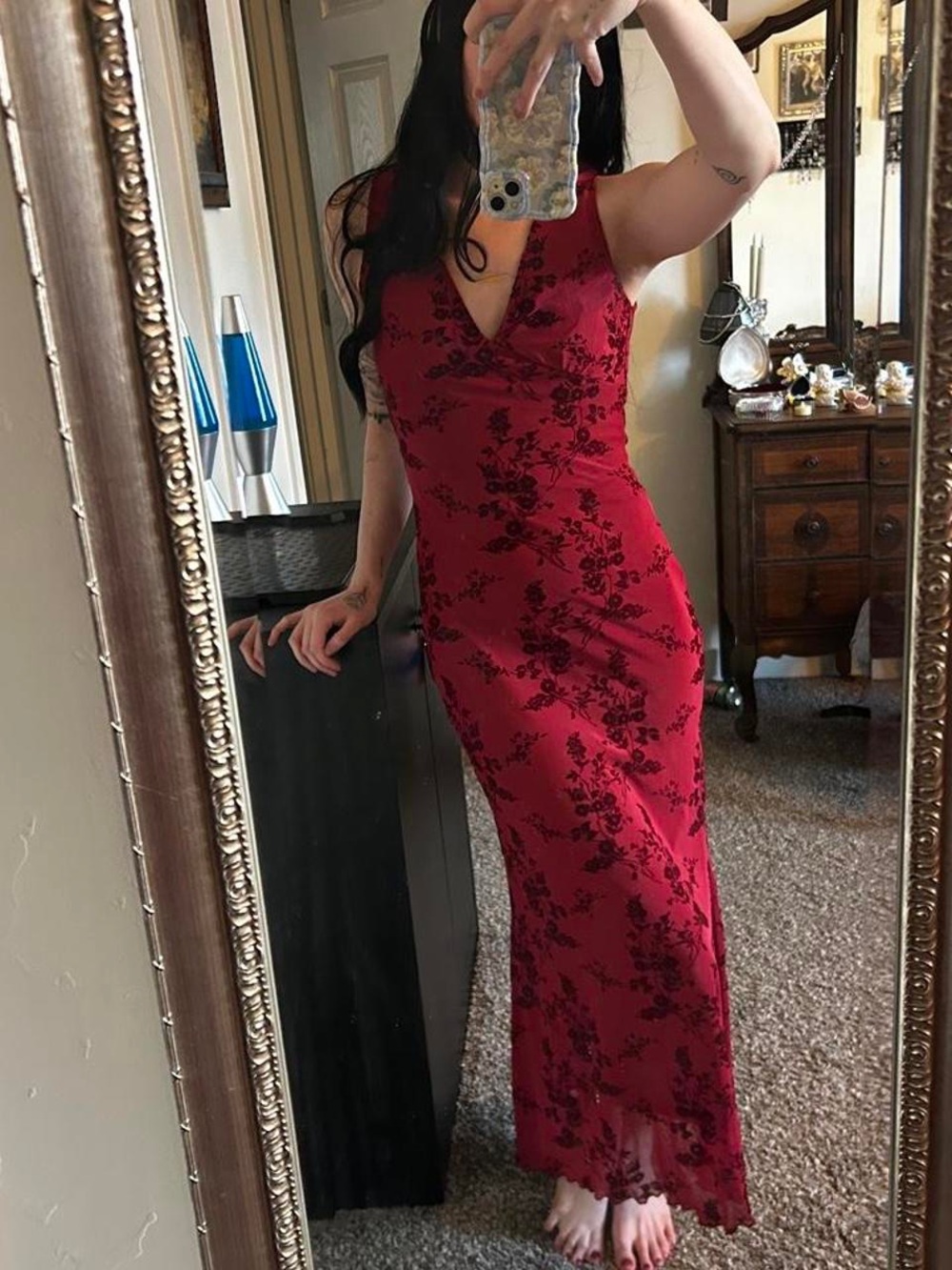 Elegant Red Floral Maxi Dress - V-Neck Women’s Dress